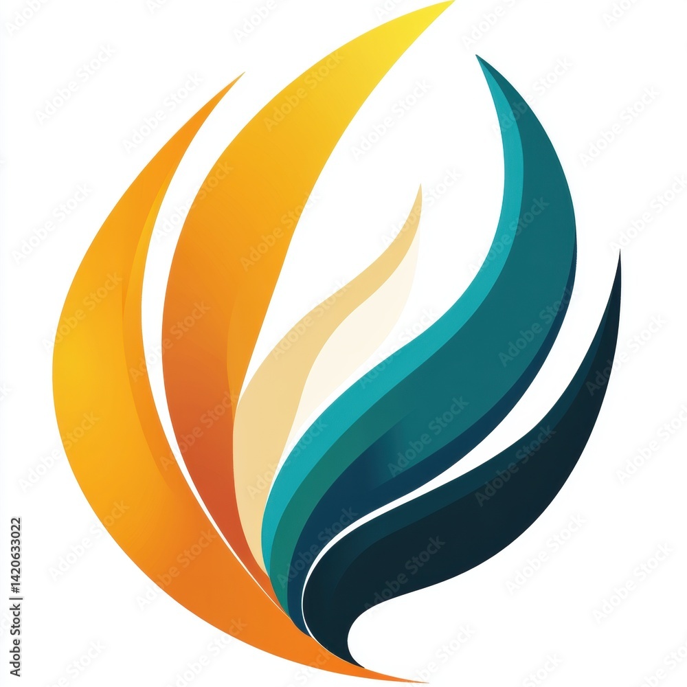 Poster abstract fluid design of layered curved shapes forming a dynamic emblem with a white background and 