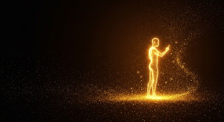 Golden Humanoid Silhouette Interacting with Data Stream in Digital Space