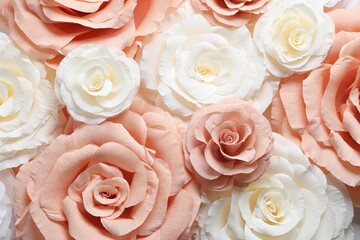 Beautiful paper flowers as background, top view