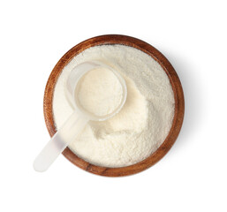 Collagen powder in bowl and scoop isolated on white, top view