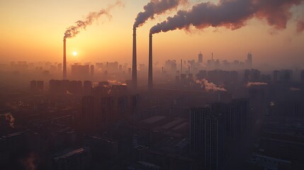 Obraz premium Sunrise over Industrial Cityscape: Pollution and Urban Development at Dawn