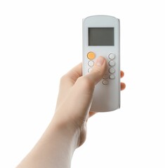 Woman with air conditioner remote control on white background, closeup