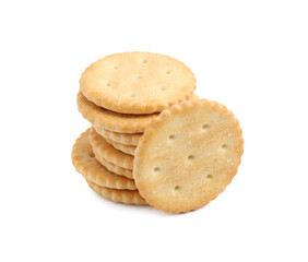 Stack of tasty salty crackers isolated on white