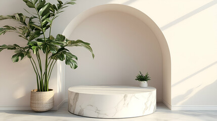 Marble podium, plants, arched wall, sunlit room; product display