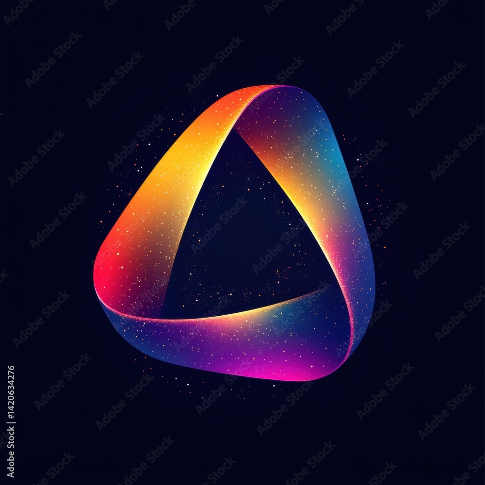 Poster abstract colorful ribbon triangle with vibrant gradient and sparkling particles on dark background