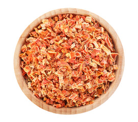 Dried carrots in bowl isolated on white, top view