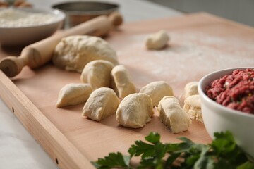 Making khinkali. Dough and stuffing on table in kitchen, closeup