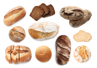 Different types of bread isolated on white, top view