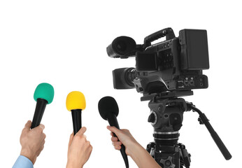 Journalists with microphones and video camera on white background, closeup