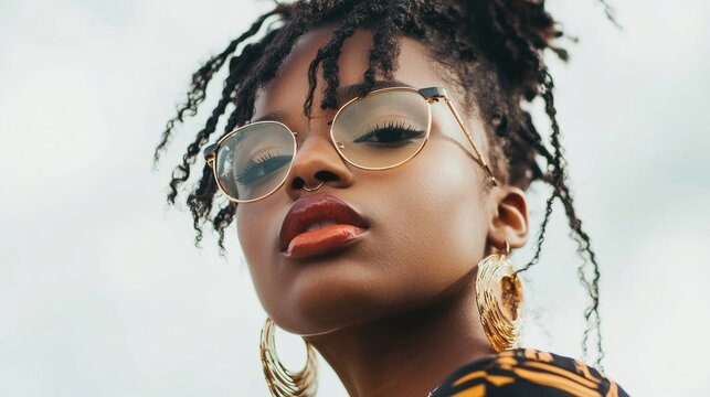 Stylish woman with locs and gold earrings gazes upward wearing vintage glasses and red lipstick