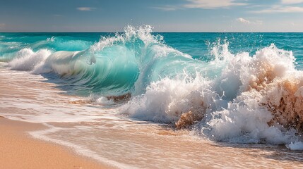 Fototapeta premium Azure wave crash on sandy shore