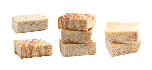 Delicious puffed rice bars on white background, collage