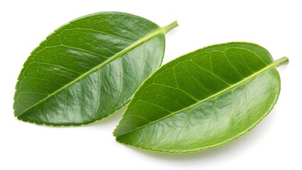 Two fresh, bright green lemon leaves