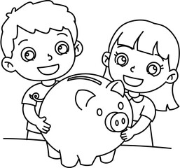Piggy Bank with Happy Kids Saving Money