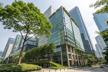 Eco-friendly building in the modern city. Sustainable glass office building with tree for reducing heat and carbon dioxide. Office building with green environment - generated by ai