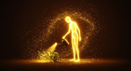 Golden humanoid silhouette nurturing plants with shimmering vortex of light