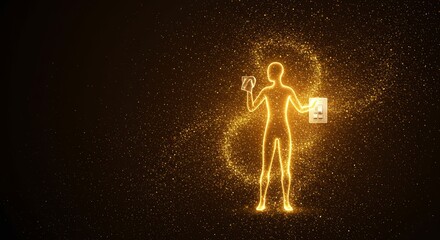 Obraz premium Radiant Silhouette Powering Light with Golden Sparkles against a Dark Backdrop