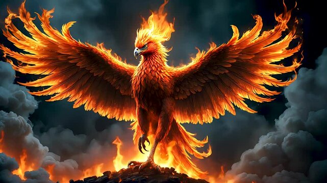 Fiery phoenix bird rising in flames with storm clouds and glowing wings scene