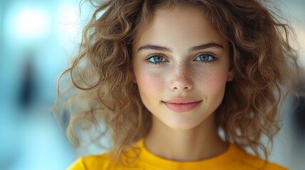 Young Woman Portrait with Curly Hair, Green Eyes, and Smile.