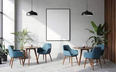 Modern interior design featuring a stylish workspace with blue chairs, wooden tables, plants, and ample natural light during the day in a contemporary setting