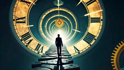 Man walking into giant spiral clock symbolizing abstract time travel concept - Powered by Adobe