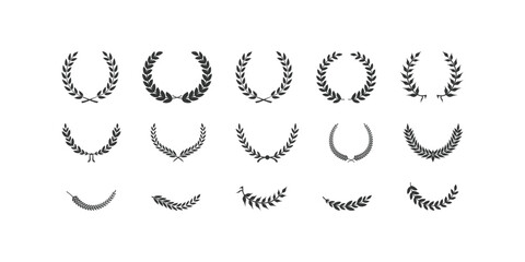 Set of black silhouette circular laurel foliate, wheat and oak wreaths depicting an award, achievement, heraldry, nobility on white background. Emblem floral greek branch flat style - stock vector.