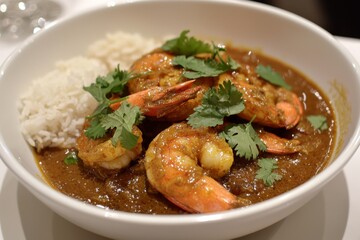 prawn curry served in a white bowl, showcasing roasted prawns in a flavorful sauce, garnished with cilantro and accompanied by a lime wedge