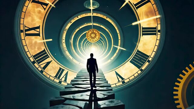 Man walking into giant spiral clock symbolizing abstract time travel concept - Powered by Adobe