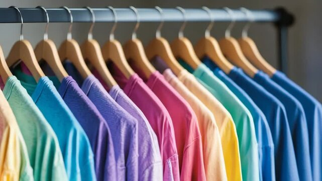Detailed perspective of an assortment of colorful t-shirts showcased on a hanger.