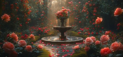 Romantic rose garden scene featuring a fountain and flowers in full bloom
