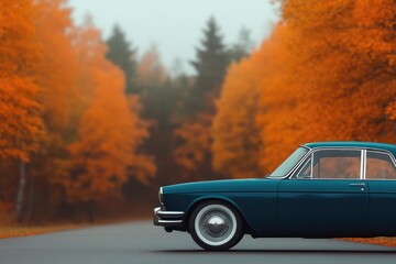 Classic car on a scenic autumn road.  A deep blue vintage car sits on a paved road, flanked by vibrant orange and yellow autumn trees. The scene evokes a sense of nostalgia and tranquility