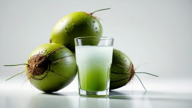 Glass of coconut juice with young coconuts isolated on a background.