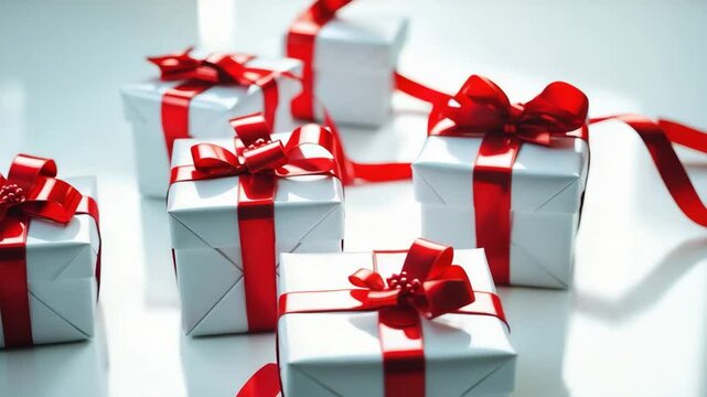 set of present boxes tied with ribbon