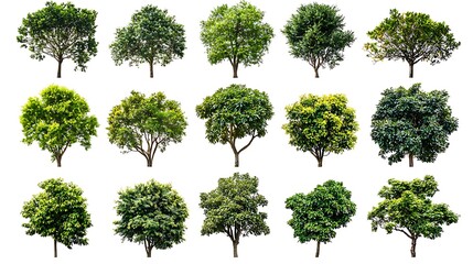 Collection of Fifteen Lush Green Trees Isolated on White Background