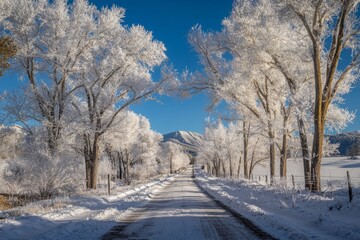 Obraz premium Winter wonderland road lined with frosted trees