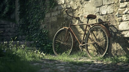 Fototapeta premium Retro bicycle parked near a stone wall, with grass growing through its rusted spokes