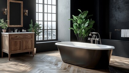 modern bathroom with a bathtub, a sleek vanity, black walls, parquet floors, wooden wall panels, green plants, and natural light illuminating the space