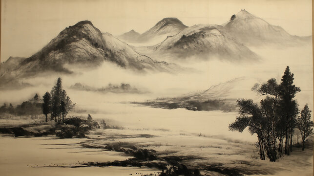 シルク水墨画 山水画 風景画 水墨画 山水画 風景画 100cm
