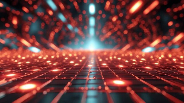 Science fiction backdrop featuring luminous particles with depth of field and bokeh effects, where particles create lines and abstract surface grids
