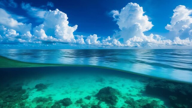 Split level view of underwater scene with dark green, turquoise, and teal blue waters