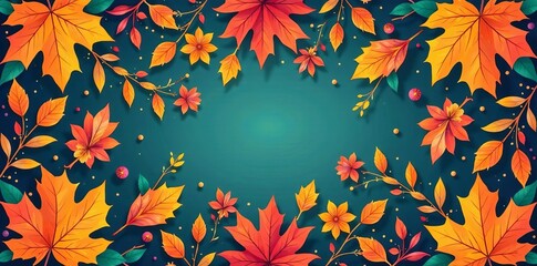 Obraz premium Colorful autumnal floral pattern with leaves and flowers in flat style, seasonal, foliage