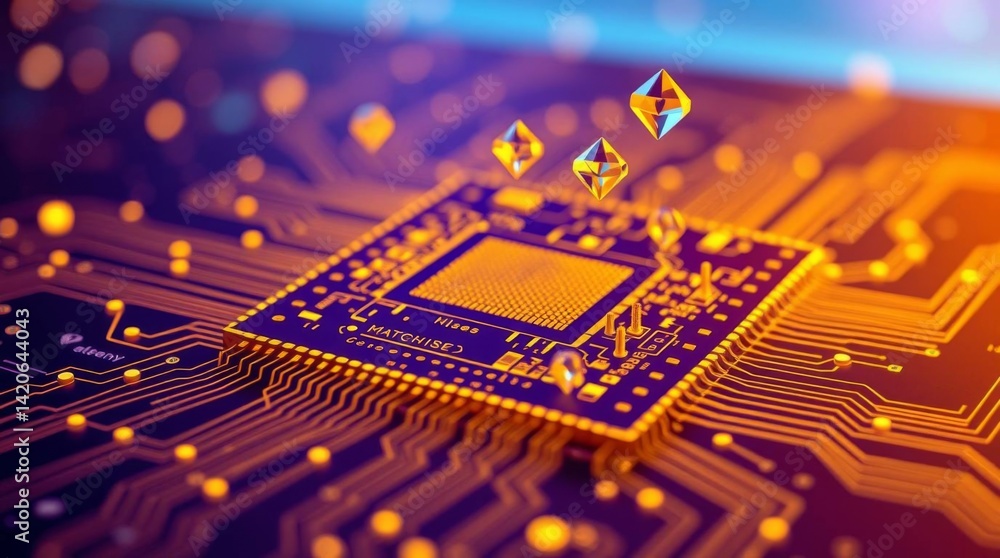 Poster Advanced technology chip with glowing circuits and floating octahedrons