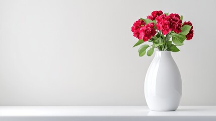 Naklejka premium A white vase filled with vibrant red flowers placed on a minimalist white shelf, elegant home decor, and simple and modern interior design.
