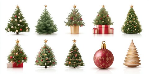 Close-up of decorated Christmas trees with wrapped presents, festive lights, and holiday ornaments.