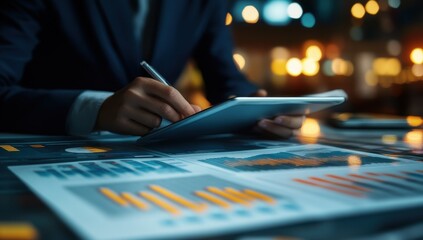 Business professional analyzing financial data on a tablet.  Close-up view of hands working on digital reports, charts and graphs