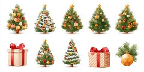 Close-up of decorated Christmas trees with wrapped presents under warm holiday lighting.