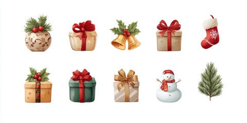 Close-up of assorted colorful Christmas decorations including ornaments, ribbons, and festive greenery.