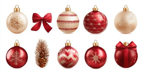 Close-up of colorful Christmas ornaments with red and gold bows, festive decorations on a blurred background.
