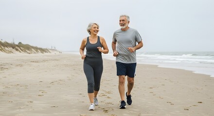 Fototapeta premium Can an older couple jog together happily along a sandy beach by the ocean on an overcast day?