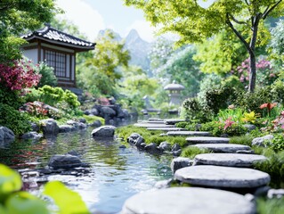 Fototapeta premium Serene Japanese garden with stepping stones over tranquil water, lush greenery, and vibrant flowers.
